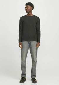 Maglione lavorato a maglia verde scuro con un motivo testurizzato, scollatura tonda, abbinato a jeans blu chiaro e scarpe nere, in piedi su uno sfondo semplice.