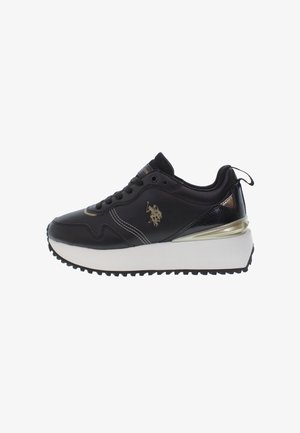 Adidași sport negri, cu un superior din piele texturată, design cu șireturi, talpă din cauciuc și accente metalice aurii pe călcâi și lateral.