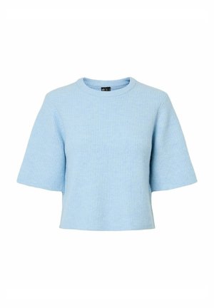 Top corto azzurro chiaro a maniche corte realizzato in tessuto a coste con scollo rotondo, caratterizzato da una vestibilità comoda e dettagli di cucitura minimi.