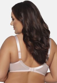 Reggiseno rosa chiaro con spalline di satin e chiusura posteriore regolabile, caratterizzato da un design elegante e un tessuto testurizzato per comfort e supporto.