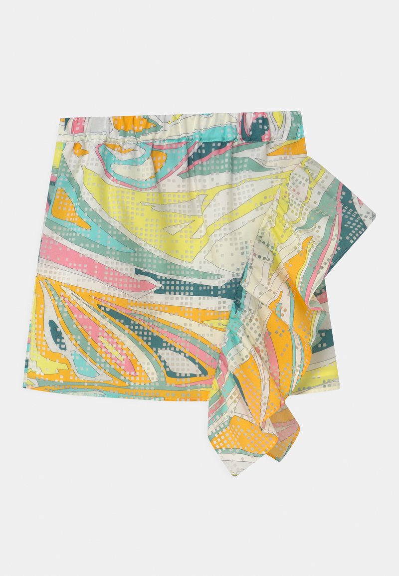 Saia envolvente colorida com padrão em tecido leve. Apresenta um design vibrante com formas abstratas em tons de amarelo, rosa, turquesa e cinza.