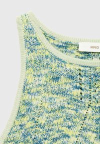 Knitted tank top featuring a green, blue, and yellow mottled pattern, with a textured finish and contrasting light green neckline.