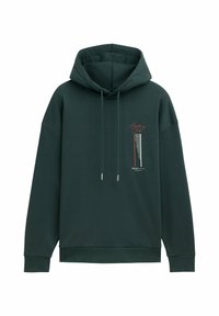 Ciemnozielona bluza z kapturem, z przednią kieszenią typu kangurka, kapturem na sznurku oraz grafiką na przodzie w czerwonym, białym i czarnym kolorze.