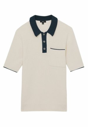 Polo a maniche corte color crema con colletto a coste blu navy, placca con tre bottoni e taschino sul petto. Tessuto a maglia testurizzato.