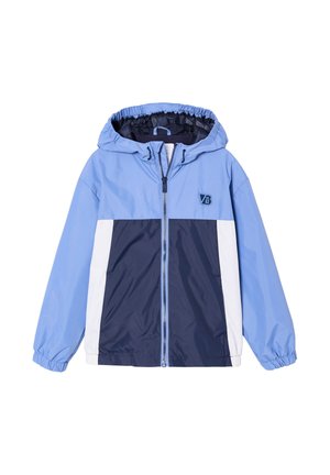 Light blue, navy, and white color-block windbreaker jacket with front zipper, elastic cuffs, and hood with adjustable drawstrings.