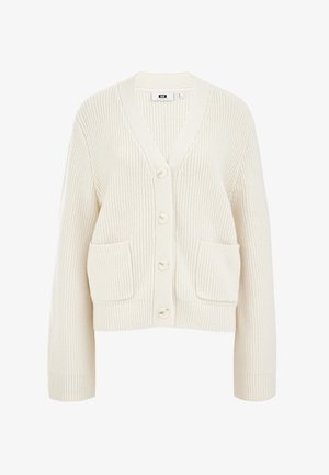 Kremowy sweter z dzianiny, długi rękaw, dekolt w serek, cztery guziki z przodu oraz dwie kieszenie naszywane z przodu.