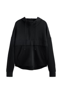 Hoodie corto nero realizzato in materiale morbido. Presenta un collo alto, lacci, una tasca frontale e maniche ampie con polsini a coste.