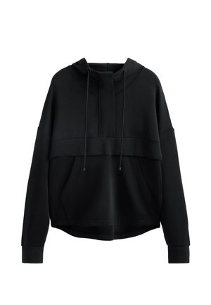Svart kortad hoodie i mjukt material. Har hög halsringning, dragsko, en framficka och vida ärmar med ribbade manschetter.