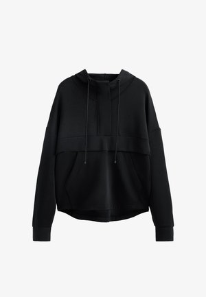 Sort cropped hoodie lavet af blødt materiale. Har en høj halsudskæring, snore, en frontlomme og brede ærmer med ribbede manchetter.