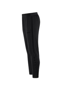 Schwarze Sporthose mit tailliertem Schnitt, elastischem Bund, seitlichen Netzpaneelen und Knopfakzenten entlang des Unterschenkels. Markenlogo sichtbar.