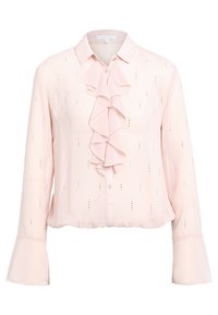 Helles rosa Bluse aus transparenter Stoff mit einer gerafften Vorderseite, Knopfverschluss und weit ausgestellten langen Ärmeln mit Laserschnittdetails.