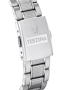 Silberfarbene Edelstahl-Uhr mit quadratischem Zifferblatt, ausgestattet mit einer gebürsteten Oberfläche und einem Netzband, graviert mit "FESTINA."