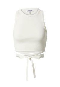 Witte geribbelde crop top met een ronde hals en mouwloos ontwerp. Bevat een striksluiting in de taille met uitsparingen aan de achterkant.