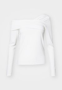 Bílý dlouhý rukáv top s jedním ramenním designem a nařasením na jednom rukávu, rovný lem, přiléhavý silueta.
