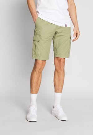 Pantalones cortos de carga color verde claro, confeccionados en algodón, que presentan dos grandes bolsillos laterales, un corte recto y una textura lisa. Se llevan con una camiseta blanca y zapatos.