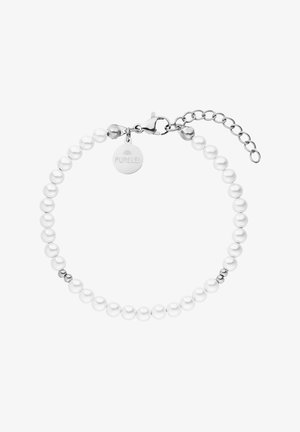 Weißes Perlenarmband mit silberner Hardware, ausgestattet mit einem Karabinerverschluss und einer verstellbaren Kette, akzentuiert durch kleine metallische Perlen und einem Anhänger.