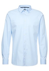 Lichtblauw overhemd met lange mouwen en knopen, voorzien van een klassieke kraag, gemaakt van gladde stof, met witte knopen en een nette pasvorm.