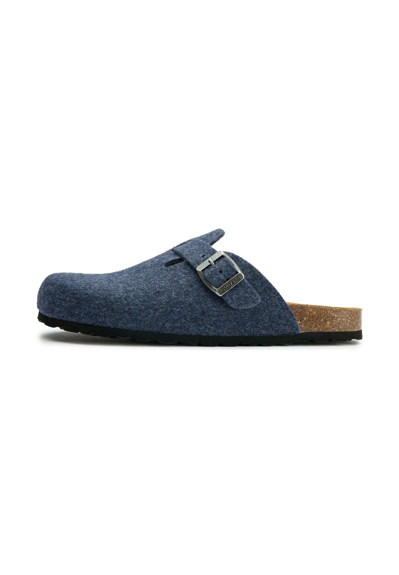 Blue felt clog with a cork sole, featuring a metallic buckle detail. The design is contoured with a rounded toe and side cutouts.