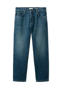 Blauwe spijkerbroek van denim met een rechte pasvorm, voorzijde met knoop- en ritssluiting, en ontwerp met vijf zakken.