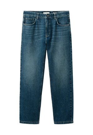 Blaue Jeans aus Denim mit geradem Schnitt, vorderer Knopf- und Reißverschluss sowie Fünf-Taschen-Design.