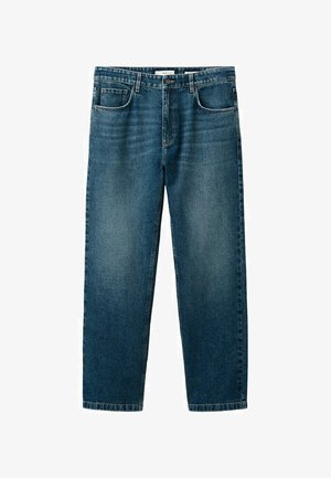 Blauwe spijkerbroek van denim met een rechte pasvorm, voorzijde met knoop- en ritssluiting, en ontwerp met vijf zakken.