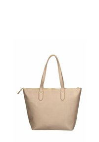 Sac cabas beige texturé avec deux bretelles et une fermeture éclair en haut, présenté sur un fond blanc.