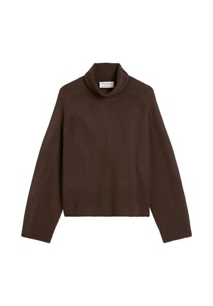 Maglione a collo alto marrone a maglia con vestibilità rilassata, dotato di maniche lunghe e polsini a coste. Texture morbida e dettagli sulle cuciture discreti.