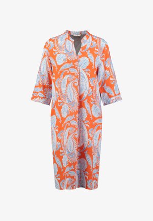 Orangenes Kleid mit blauen Paisleymustern, Dreiviertelärmeln, V-Ausschnitt und lässiger Passform. Hergestellt aus leichtem Stoff.