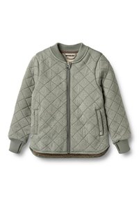 Prošívaná zelená bunda na zip s žebrovanými manžetami a lemem, vybavená bočními kapsami a měkkou vnitřní podšívkou. Celá s texturovaným diamantovým vzorem.