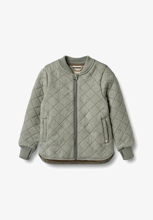 Quilted green zip-up jacket with ribbed cuffs and hem, featuring side pockets and a soft inner lining. Textured diamond pattern throughout.