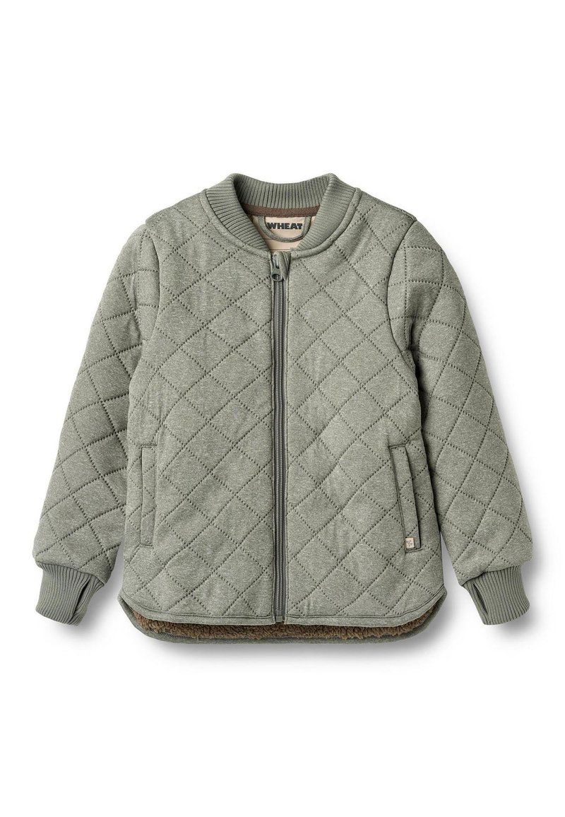 Prošívaná zelená bunda na zip s žebrovanými manžetami a lemem, vybavená bočními kapsami a měkkou vnitřní podšívkou. Celá s texturovaným diamantovým vzorem.