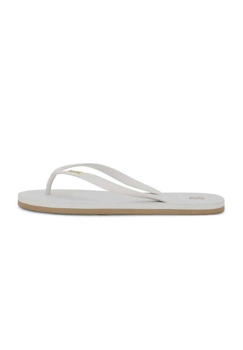 Baltas flip-flops ar teksturētu gumijas pamatni, plānām siksnām un brūnu zoli. Viegls dizains ir piemērots ikdienas valkāšanai.