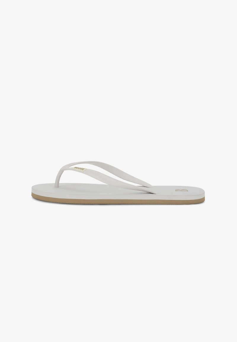 Baltas flip-flops ar teksturētu gumijas pamatni, plānām siksnām un brūnu zoli. Viegls dizains ir piemērots ikdienas valkāšanai.