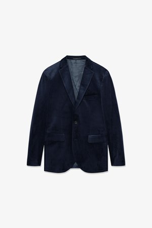 Donkerblauwe fluwelen herenjasje met inkeping revers, enkele knoopsluiting, twee voorzakken met klep en één borstzak.