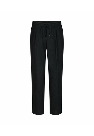 Schwarze Leinenhose mit lockerem Schnitt, ausgestattet mit einem elastischen Bund und Kordelzug, geraden Beinen und ohne auffällige Muster oder Akzente.