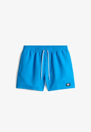 Pantalones cortos de baño azules hechos de tela ligera y de secado rápido. Presentan una cintura elástica, cordón blanco y un pequeño logo negro de Vans.