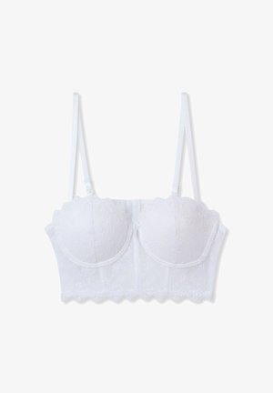 Reggiseno bianco con bordi ondulati, ricami floreali, coppe modellate e spalline regolabili. Tessuto morbido e dettagli in pizzo.