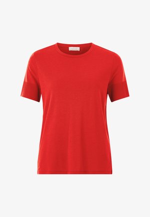 T-shirt en coton rouge avec un col rond et des manches courtes, doté d'une texture lisse et d'un design épuré et simple.