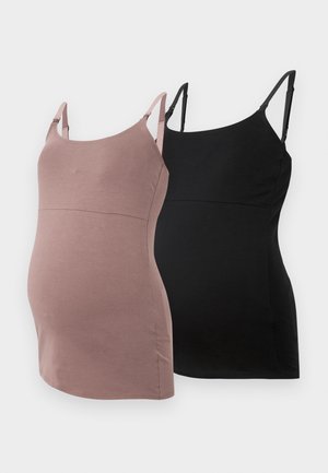 Two maternity camisoles, one in soft pink and the other in black, featuring adjustable straps and a fitted design made from stretchy fabric.