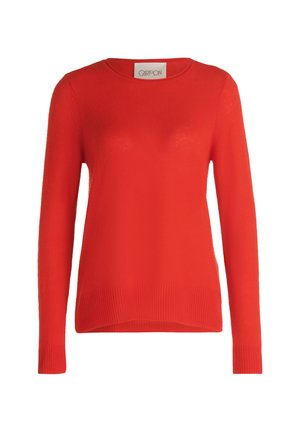 Rød langærmet sweater med rund halsudskæring, ribbet forneden og ved ærmerne, lavet af et blødt strikmateriale med en let blank finish.