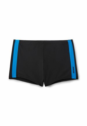 Czarne męskie kąpielówki z niebieskimi pionowymi paskami po bokach i małym logo na prawym pasku.