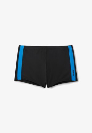 Czarne męskie kąpielówki z niebieskimi pionowymi paskami po bokach i małym logo na prawym pasku.