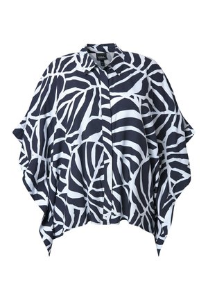 Schwarz-weiß gemusterte Bluse mit abstrakten Zebrasstreifen, weit geschnittenen, fließenden Ärmeln und einem spitzen Kragen.