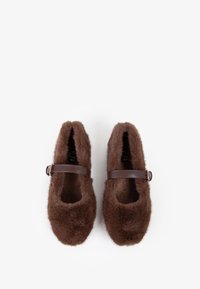 Pantofole marroni pelose con una texture morbida e una larga fascia con una fibbia metallica sulla parte superiore. Design con punta arrotondata.