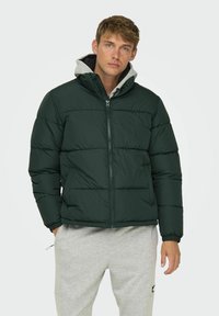 Dark green puffer jacket with zipper, elastic cuffs, and hooded gray lining. Textured, insulated design for warmth. Worn over gray sweatpants.