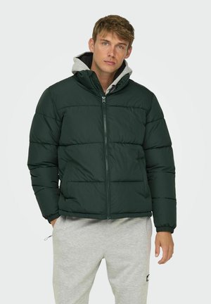 Dark green puffer jacket with zipper, elastic cuffs, and hooded gray lining. Textured, insulated design for warmth. Worn over gray sweatpants.