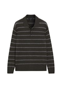 Polo a maniche lunghe di un verde scuro, con strisce orizzontali grigie, colletto e placket con tre bottoni. Tessuto morbido e vestibilità regolare.