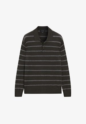 Donkergroene polo met lange mouwen, voorzien van grijze horizontale strepen, een kraag en een placket met drie knopen. Zachte textuur en reguliere pasvorm.