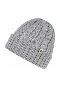 Gray knitted beanie featuring a cable pattern, ribbed texture, and a small fabric label on the side.