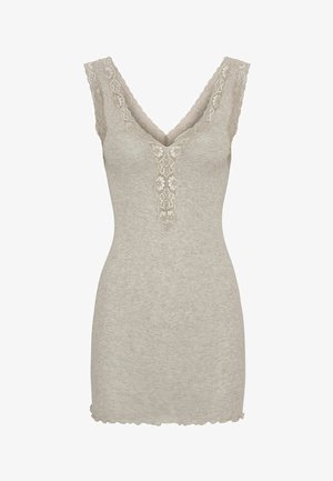 Heled hall sleeveless kleit V-kaelusega. Omab pitsist ääristust ja lainelist ääre. Valmistatud pehmest ja venivast materjalist.